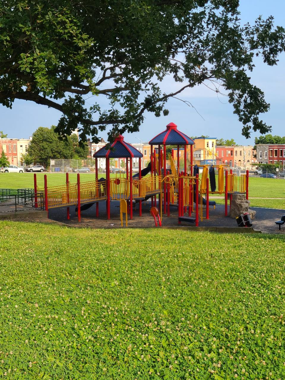 New ARPA-funded Collington Square playground with surrounding rowhouses